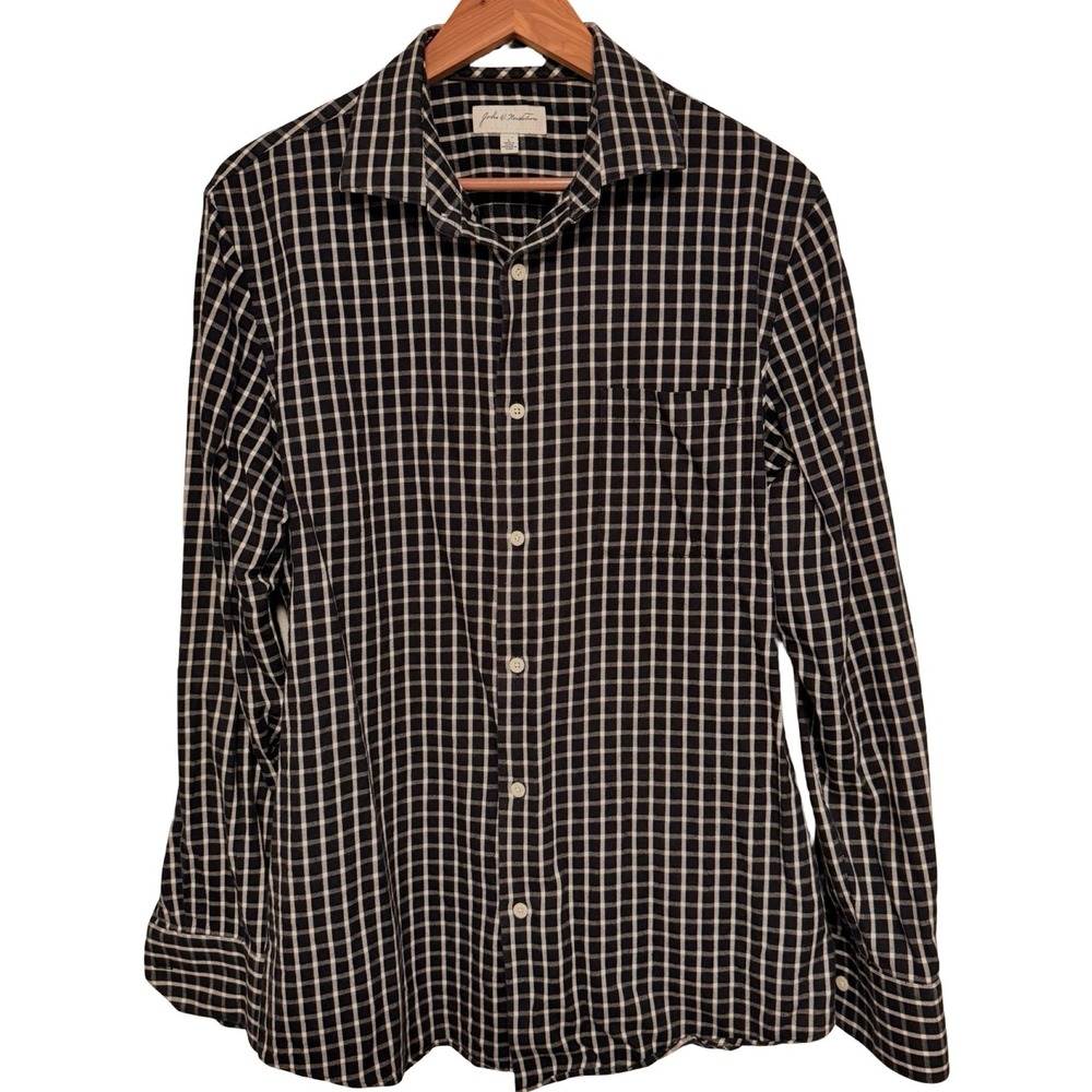 John W. Nordstrom Button Down Shirt L Black White Cotton Silk Plaid Long Sleeve